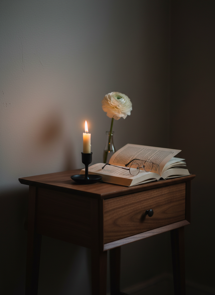 A narrow bedside table made of dark walnut stands against a softly textured wall in warm dove gray. On it, a single, lit beeswax candle in a minimal black metal holder casts a gentle, flickering glow over an open poetry book, its ivory pages slightly curled at the edges. A pair of thin, round reading glasses rests atop the margin, their metal frames catching subtle highlights. Behind, a small glass vase holds just one white ranunculus, its petals layered like whispered lines. The rest of the room recedes into velvety shadow. Photographic realism, intimate close-up at eye level, with a shallow depth of field that blurs the background into abstraction. The atmosphere is hushed, sophisticated, and deeply personal, like a private, nocturnal reading ritual.