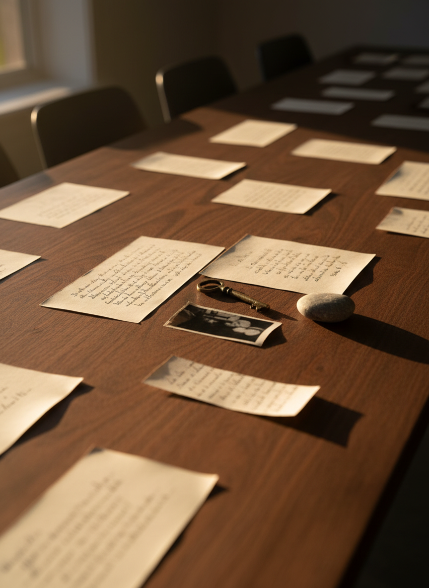 A long wooden dining table with a matte, dark walnut finish is scattered with fragments of a life in drafts: loose sheets of off-white paper bearing typed and handwritten lines, some crossed out; an old brass key; a thin strip of black-and-white photograph torn from a larger print; and a small, smooth river stone. Light from the golden hour enters through unseen windows, creating warm streaks across the table and deep, soft-edged shadows beneath the objects. Photographic realism, captured from a slightly elevated, diagonal perspective, with sharp focus on the central cluster of papers and edges that gently blur. The mood is thoughtful and curatorial, suggesting a sophisticated act of assembling one’s life story through poetic fragments and cherished, timeworn remnants.