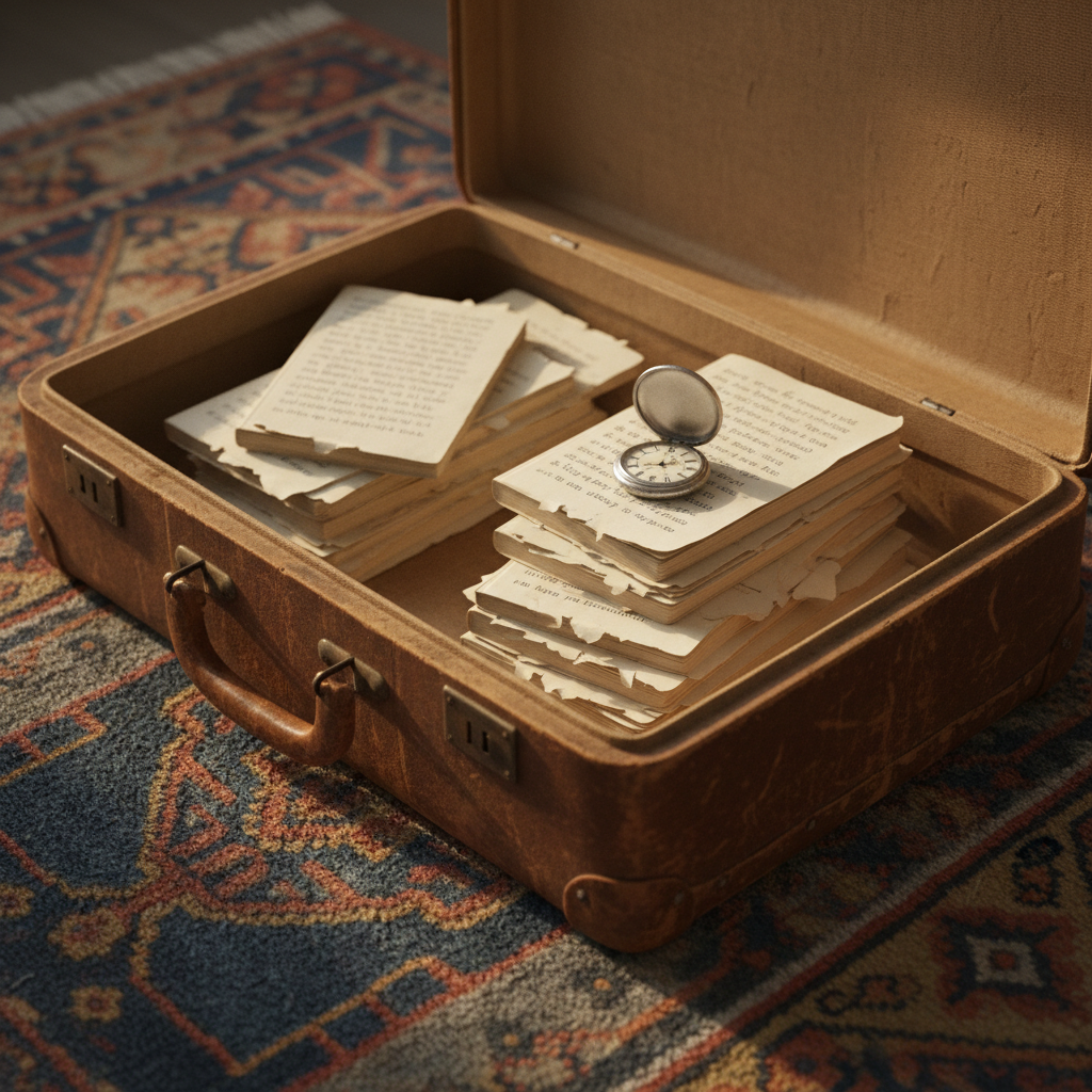 A well-worn leather suitcase, scuffed at the corners and rich with patina, rests half-open on a faded woven rug patterned in deep blues and warm rust tones. Inside, instead of clothes, it is neatly filled with stacks of small, cream-colored notebooks and folded single pages of poetry, some edges slightly torn or dog-eared. A delicate, silver pocket watch lies on top, its glass face catching a thin ribbon of late-afternoon golden light that enters from the side. Photographic realism, captured from a three-quarter overhead angle, with soft shadows behind the suitcase and the rug’s texture in sharp focus. The mood is nostalgic and contemplative, hinting at a lifetime of journeys carried in words rather than belongings.