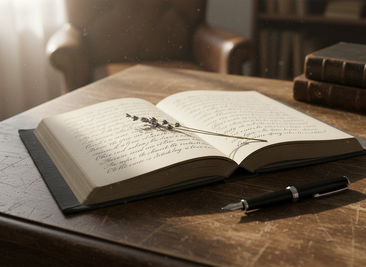 A weathered hardcover journal bound in deep charcoal linen lies open on an antique wooden desk, its creamy pages filled with elegant, handwritten verses that fade toward the edges like memories. A single dried lavender sprig rests across the spine, and a slim fountain pen with a black lacquer body and silver nib is set diagonally nearby. Soft morning light filters through an unseen window, illuminating dust motes and casting long, delicate shadows across the grain of the wood. Photographic realism, shot from a slightly elevated angle with shallow depth of field, the foreground in crisp focus and the background gently blurred. The mood is introspective and sophisticated, evoking a life told carefully in poetry and timeworn pages.